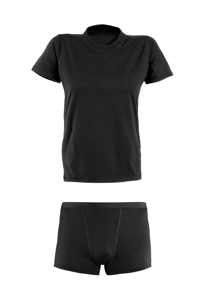 Black t-shirt and underwear on white background